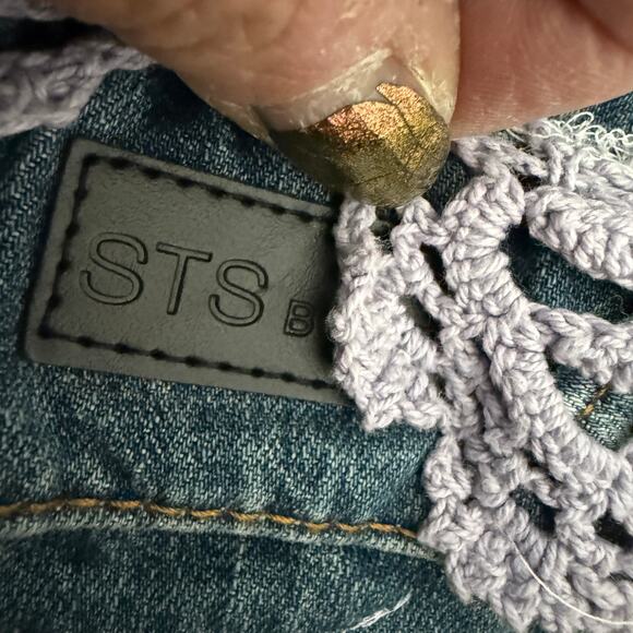 STS Blue Trucker Jacket Upcycled w/Styx Graphic & Crochet Details Size S - Picture 6 of 10